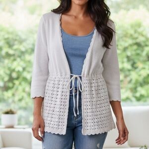 LOFT | Crochet White Cardigan Women M Tie Closure V-Neck Grandmacore Cottage